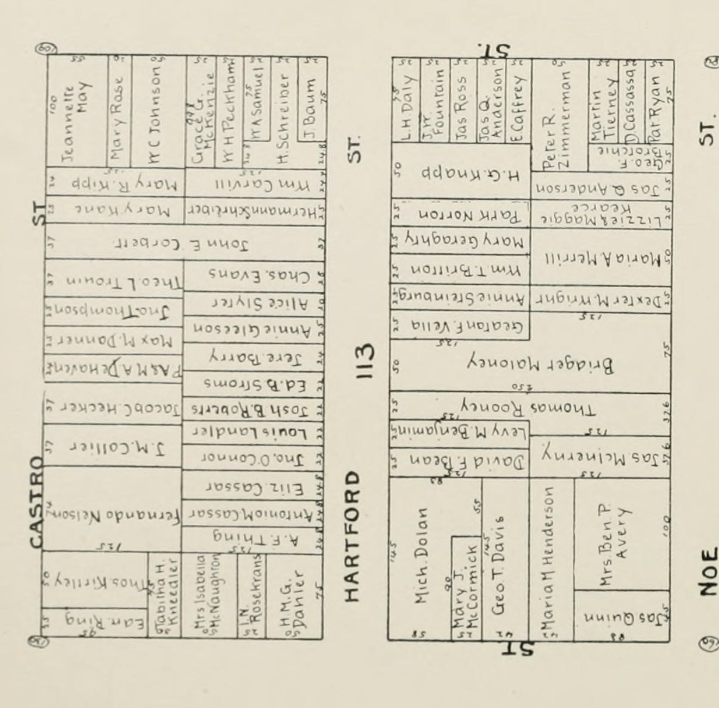 The central block of Hartford St in the 1894 block book