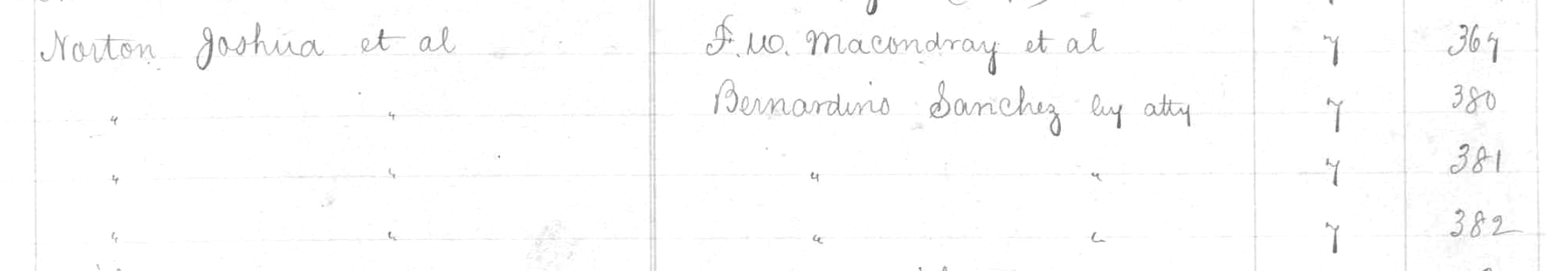 Deed index - Norton Joshua et al from Bernardino Sanchez by atty, Book 7 pg 381